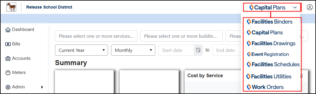 Capital plans dashboard with product switcher and drop-down highlighted.