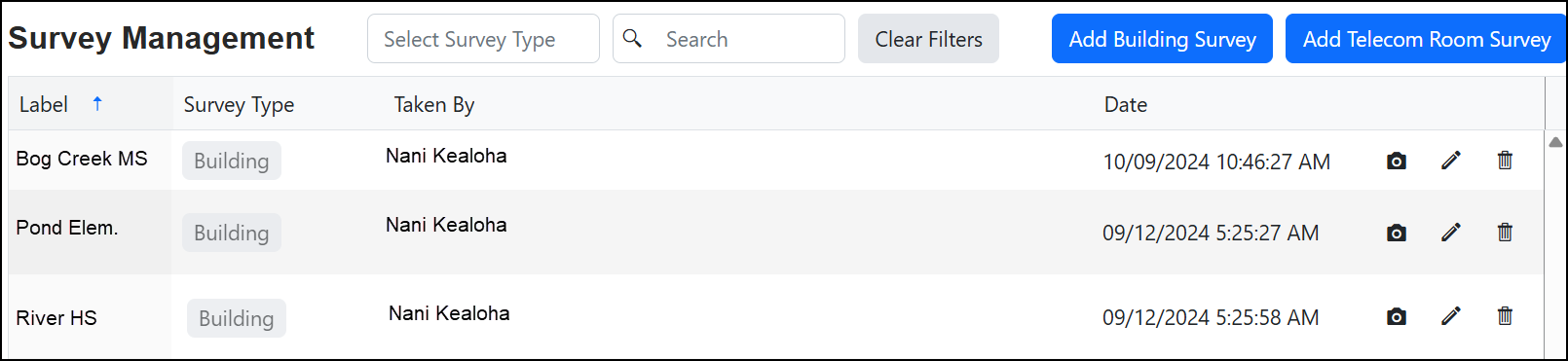 Survey Management page