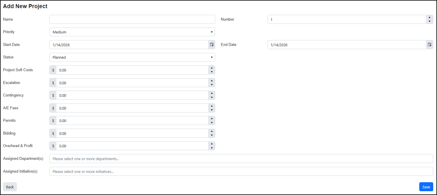 Add new project page.