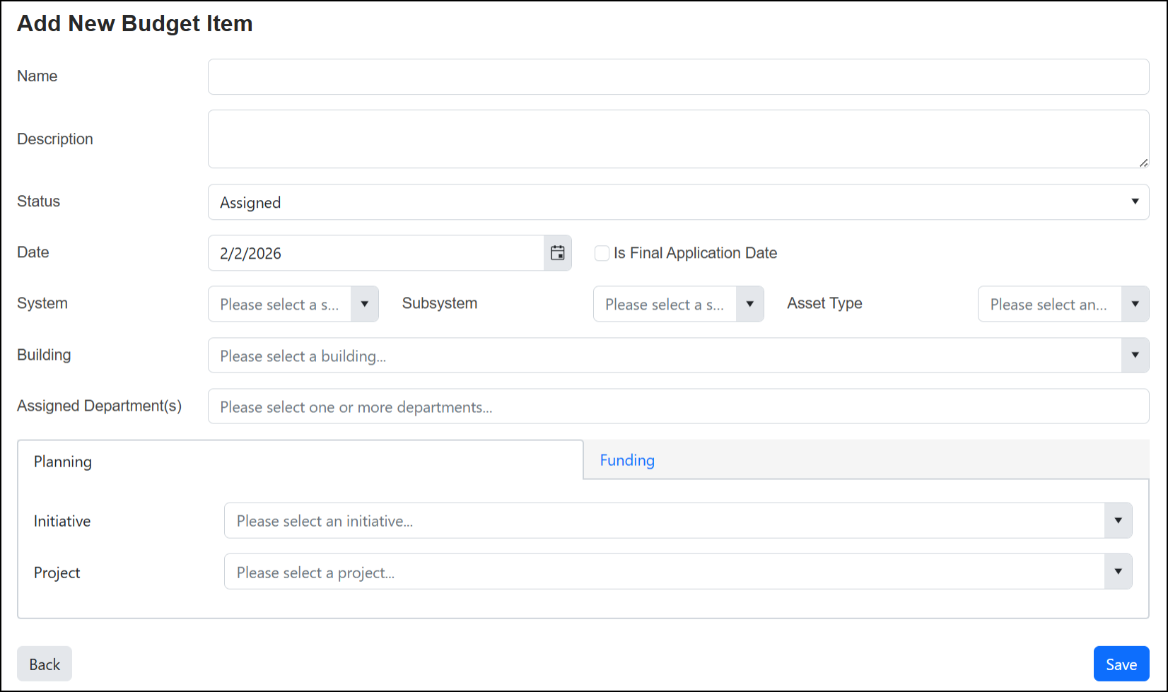 Add new budget item page.