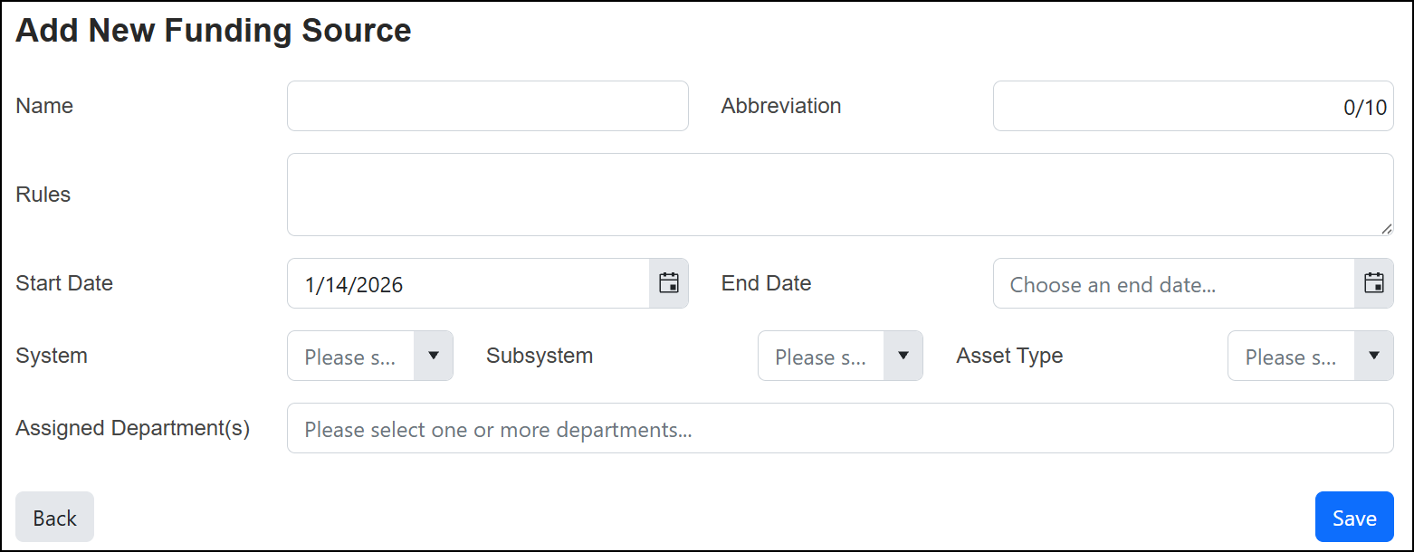Add New Funding Source page.