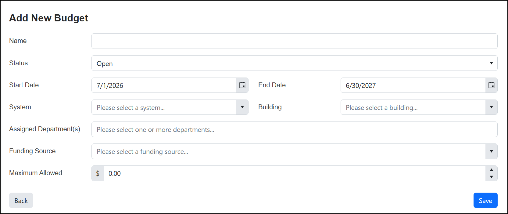 Add New Budget page.
